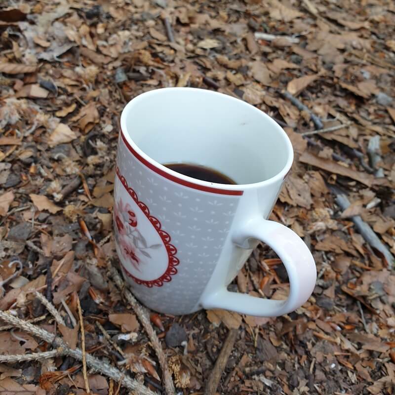 Eine Tasse mit dunklem Kaffee steht draußen auf braunem Herbstlaub und kleinen Zweigen.